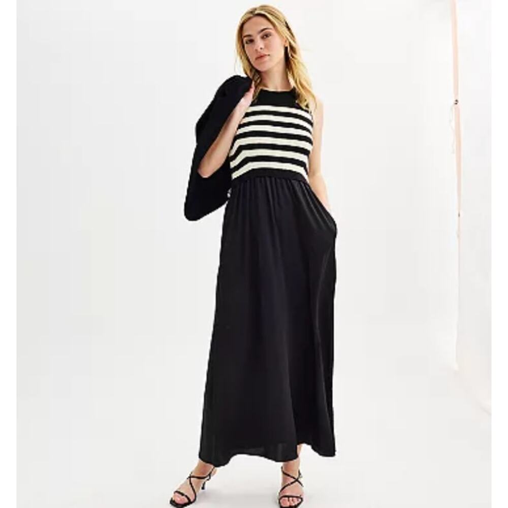 Taylor Womens M Black White Striped Mixed Media Satin Sleeveless Maxi Dress
